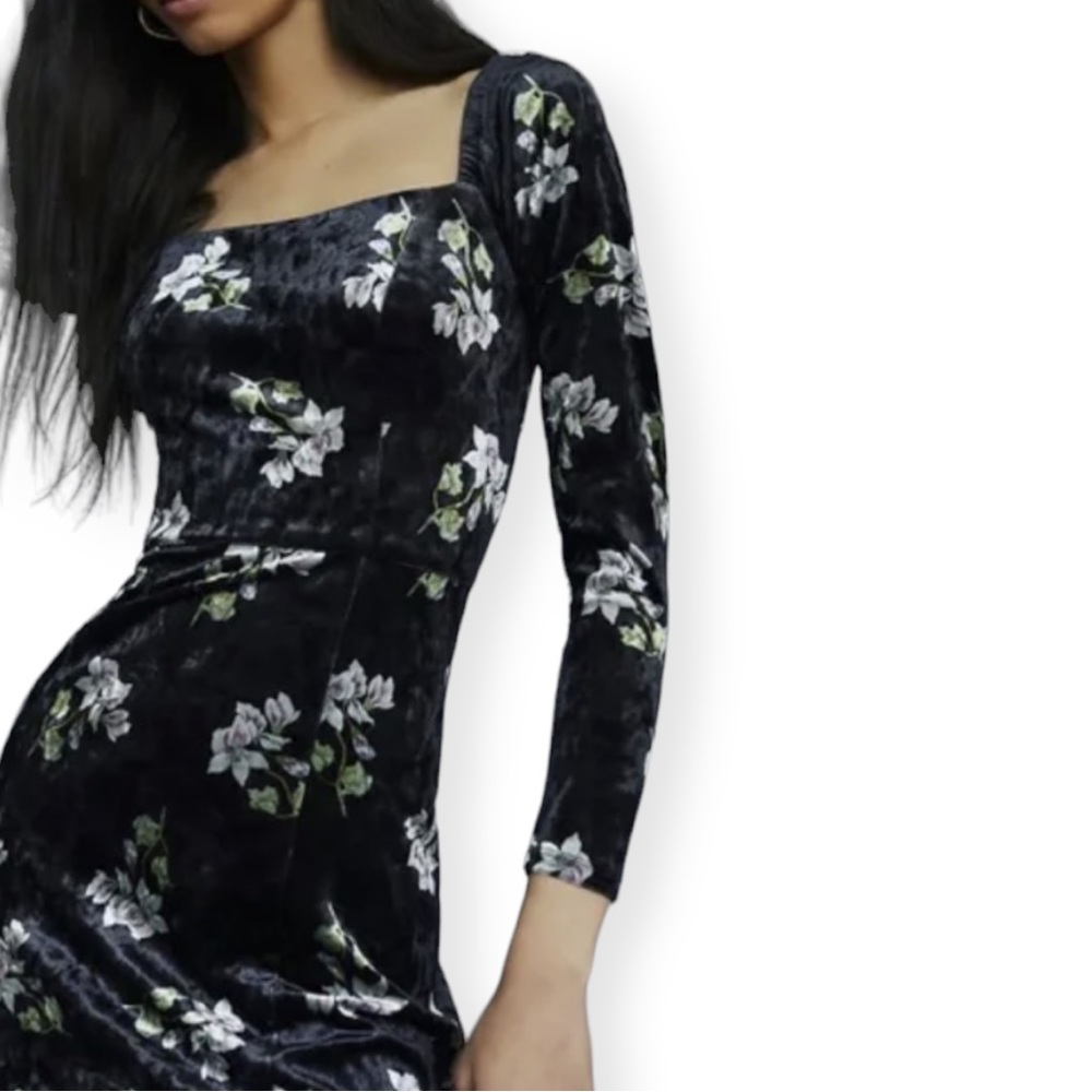 Anthropologie | Hutch • Velvet Square Neck Floral Midi Dress